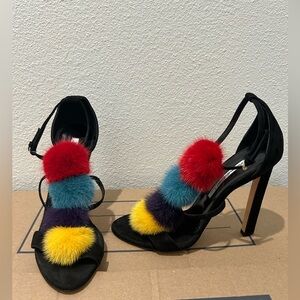 Brian Atwood black suede heels with rainbow red blue purple yellow fur poms - 38